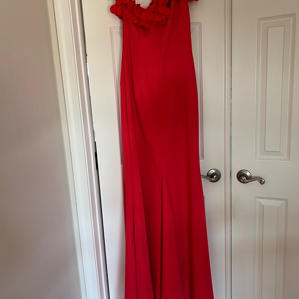Rene Ruiz Orange Asymmetrical Ruffled Halter Gown